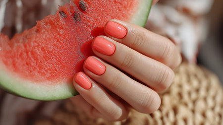 Bright coral nails hold a juicy slice of watermelon on a sunny dayの素材