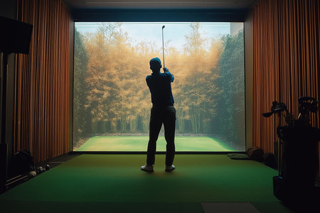 Golfer playing golf in indoor simulator. golf simulatorの素材