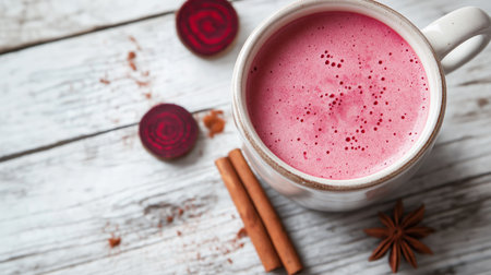 cup of frothy pink beetroot latte in white mug, with a simple cinnamon stickの素材