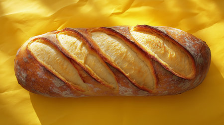 Freshly baked artisan bread with golden crust on bright yellow backgroundの素材