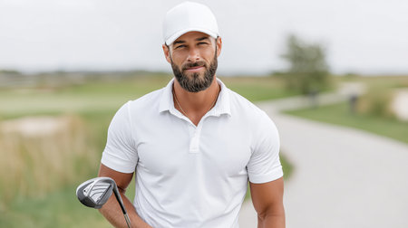 A man stands on the golf course pathway, holding a club. He is dressed in a white polo and cap, exuding confidence as he prepares for his game amidst lush greenery.の素材