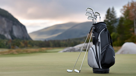 A set of golf clubs rests against a black and white golf bag on a lush green course surrounded by mountains and colorful fall foliage under an overcast sky.の素材
