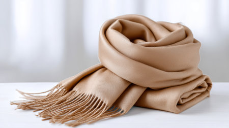 A soft beige scarf is artistically arranged on a white table, capturing natural light filtering through sheer curtains, creating a cozy and inviting atmosphere in a stylish space.の素材