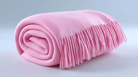 A soft, lightweight pink blanket is rolled neatly, showcasing its gentle texture and fringe edges. Perfect for adding warmth and comfort to any space. Ideal for chilly evenings or decoration.の素材