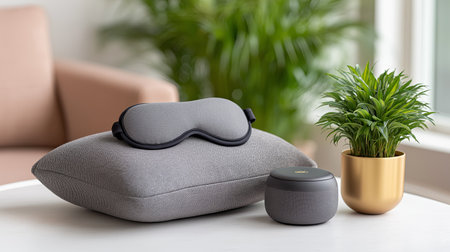 Soft gray pillow, sleep mask, and a small speaker are arranged on a table surrounded by a potted plant and a comfortable couch in a well-lit room, creating a calming atmosphere.の素材