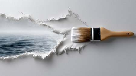 Creative art concept with paintbrush revealing ocean view on wallの素材