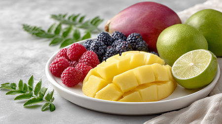 A vibrant assortment of fresh fruits arranged artistically on a white plate. Juicy mango slices, blackberries, raspberries, and lime provide a colorful, healthy snack.の素材