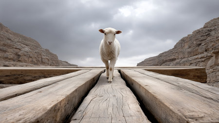 A sheep approaches along a narrow wooden bridge that stretches over a canyon. The sky is overcast, enhancing the dramatic scenery surrounding the animal.の素材