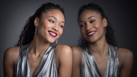A woman with curly hair wears a shimmering silver outfit while smiling at her reflection. The soft lighting enhances her joyful expression, capturing a moment of self-appreciation.の素材