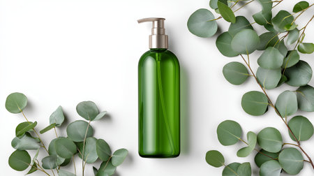 A green bottle with a pump sits centrally surrounded by fresh eucalyptus leaves, highlighting a natural skincare product. The clean aesthetic emphasizes eco-friendliness and simplicity.の素材