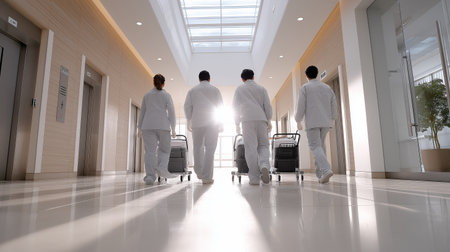 a team of professional cleaners in uniform walking down a bright office hallway with cleaning carts, seen from behind, clean modern interior, strong backlightの素材