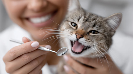 A veterinarian smiles as she examines a happy kitten during a dental check-up at a veterinary clinic. The kitten appears content with its mouth open, ready for care.の素材