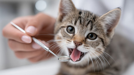 A playful kitten is being examined at a veterinary clinic. A veterinarian holds a dental tool to assess the kitten's oral health while the cat looks curiously with its mouth open.の素材