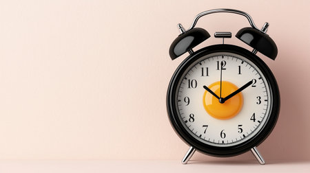 An alarm clock with a black casing and a yellow dial displays the time in the morning. The soft pastel background adds a calming atmosphere, perfect for waking up.の素材