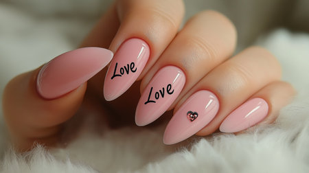 Beautifully manicured nails feature a soft pink polish with the word love elegantly displayed. A small heart embellishment adds a charming touch, creating a romantic look.の素材