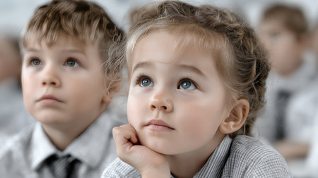 Young children listen intently to their teacher in a bright classroom. The kids, dressed neatly in shirts and ties, are focused on learning.の素材