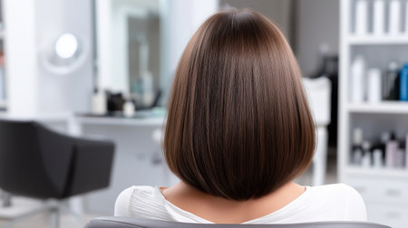 A woman with straight brown hair sits in a salon chair, facing away from a mirror. The bright interior is highlighted by shelves filled with hair products, creating a serene atmosphere.の素材