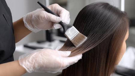 A hairstylist gently applies color to long, smooth hair in a modern salon. The soft lighting enhances the vibrant hues, showcasing skillful technique and attention to detail.の素材