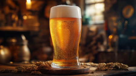 A tall glass of golden beer sits on a rustic wooden table with scattered barley around it. The warm ambiance of a brewery enhances the inviting atmosphere during evening hours.の素材