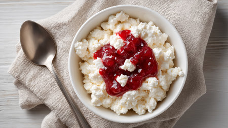 A cozy presentation features a bowl filled with soft cottage cheese adorned with a generous serving of vibrant cherry sauce, nestled on a light linen cloth, creating an appetizing look.の素材
