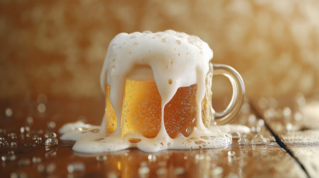 A frothy glass mug of beer is spilling over, creating a cascade of bubbles on the wooden surface. The scene captures the refreshing excitement of enjoying a cold beverage.の素材
