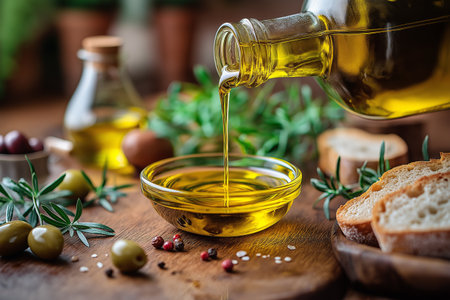 A rich, delicious extra virgin olive oil is poured into a bowl, surrounded by fresh herbs and crusty breadの素材