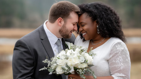 A couple smiles affectionately at each other while holding a bouquet of white flowers. The serene background features a blurred landscape, enhancing their intimate connection on this special day.の素材