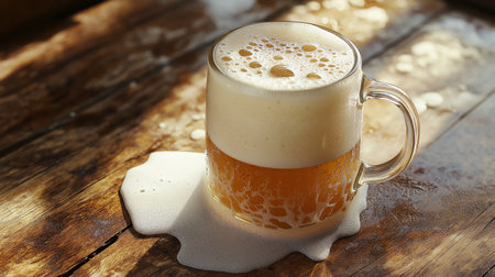 A mug of craft beer sits on a rustic wooden table, overflowing with foam and creating a frothy spill. The warm light highlights the golden color, showcasing its freshness.の素材