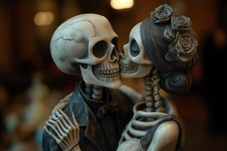 A beautifully cinematic Halloween-themed scene of a skeleton bride and groom. High quality illustrationの素材