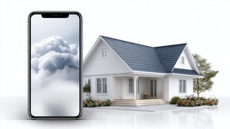 A contemporary house showcases its elegant architecture with a smartphone nearby featuring a cloud display, highlighting the connection between technology and home comfort.の素材