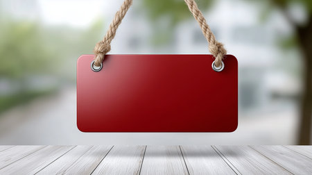 A red blank sign is suspended by rope over a wooden table. The background features a softly blurred street scene with greenery and buildings, suggesting a tranquil outdoor environment.の素材