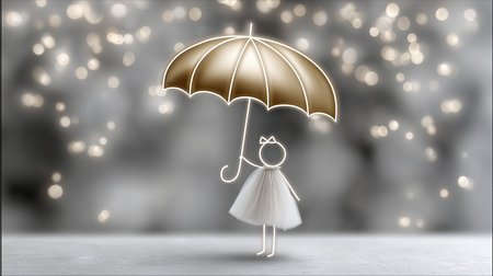 A young girl stands gracefully, holding a golden umbrella above her. She wears a white dress and the blurred background features soft lights, creating a whimsical atmosphere.の素材
