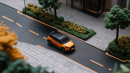 A compact orange vehicle navigates a well-maintained urban street lined with lush trees and a modern cityscape during daylight. The scene showcases contemporary architecture and greenery.の素材