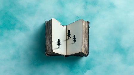 An open book displays two silhouetted figures standing on the pages. The background features a soft, calming blue hue, enhancing the scene's imagination and creativity.の素材