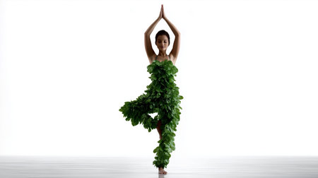 Young woman with green leafs in yoga pose isolated on white backgroundの素材