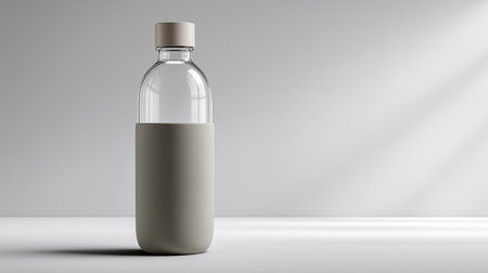 A modern glass water bottle with a soft silicone cover rests on a clean, minimalist table. Soft light creates a serene atmosphere in the background, enhancing the bottle's elegant design.の素材