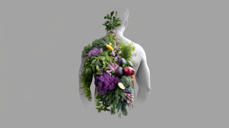 A silhouette of a human body filled with vibrant vegetables showcases the importance of nutrition. The array includes greens, purple cauliflower, and colorful fruit emphasizing health benefits.の素材