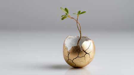 A delicate seedling emerges from a cracked golden eggshell, resting on a smooth marble surface. This artistic arrangement showcases the contrast between nature and modern design.の素材