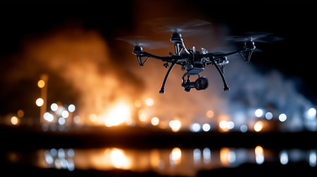 A drone hovers above a water body at night, capturing vivid scenes of flames and smoke from an industrial area, creating a dramatic contrast against the dark sky and lights.の素材