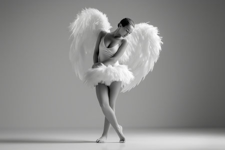 A dancer showcases elegance while wearing a feathered costume with wings. The minimalist setting emphasizes the artistry and beauty of the performance.の素材