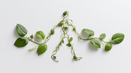 A collection of vibrant green vine leaves is artfully spread on a clean white surface. The leaves vary in size and shape, showcasing the beauty of nature in a minimalist setting.の素材