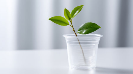 A small green plant sprout emerges from a clear plastic cup, symbolizing new life and growth. Soft natural light highlights the vibrant leaves, creating an inviting atmosphere.の素材