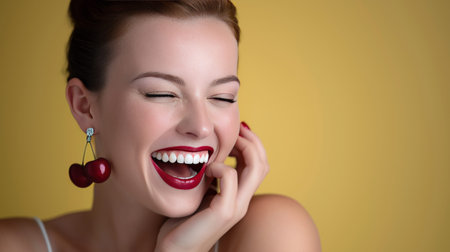 A young woman is smiling widely, showcasing cherry earrings and bright red lipstick. Her joyful expression contrasts with the vibrant yellow backdrop, creating a lively atmosphere.の素材