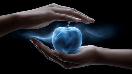 Two hands gently hold a luminous blue apple, surrounded by a soft glow. The dark background emphasizes the ethereal quality of the scene, creating a sense of wonder.の素材
