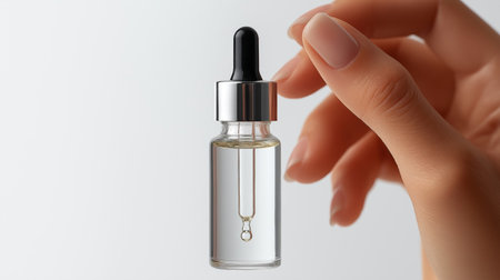 Female hand holding glass dropper bottle with serum on white background.の素材