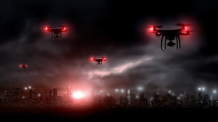 Drone flying over the city at night with red lights. 3D renderingの素材