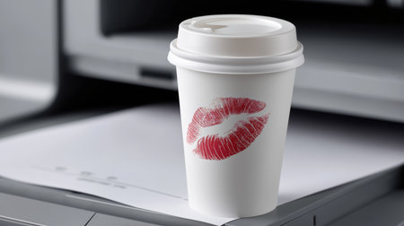 A takeaway coffee cup adorned with a red lipstick mark rests on a stack of white paper next to a sleek printer in a contemporary office environment.の素材