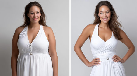 Weight Loss Transformation. Plus-Size Woman in White Dress Before and Aftの素材