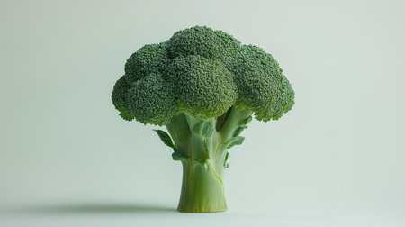 Bright green broccoli arranged on a round marble platform, showcasing its vibrant color and texture in a clean, well-lit kitchen environment highlighting freshness.の素材
