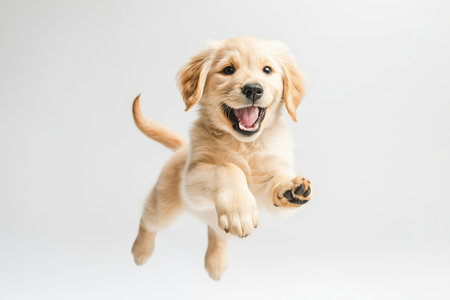 A joyful golden retriever puppy leaps mid-air, showcasing its playful spirit. The soft fur and bright eyes capture a moment of fun and innocence in a bright indoor setting.の素材